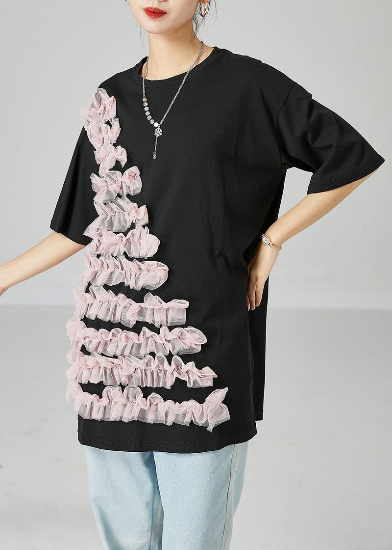 Black Oversized Patchwork Ruffled Cotton Top Summer