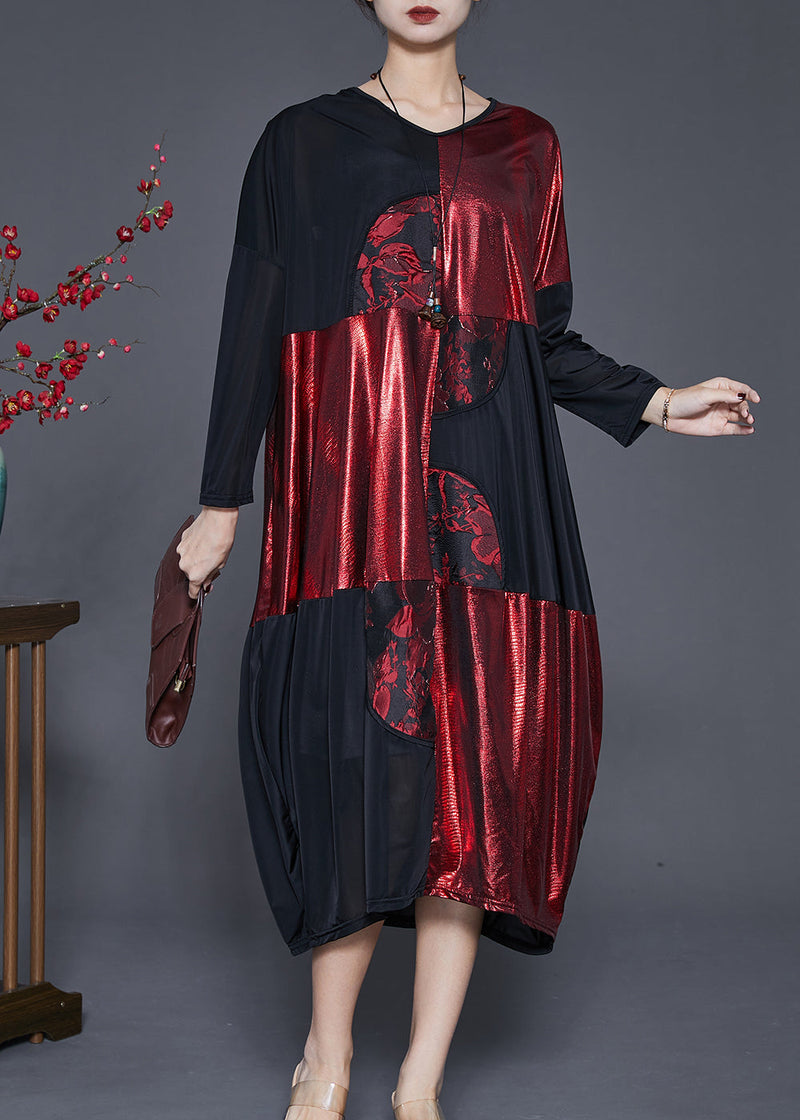 Black Oversized Patchwork Silk Holiday Dress Spring
