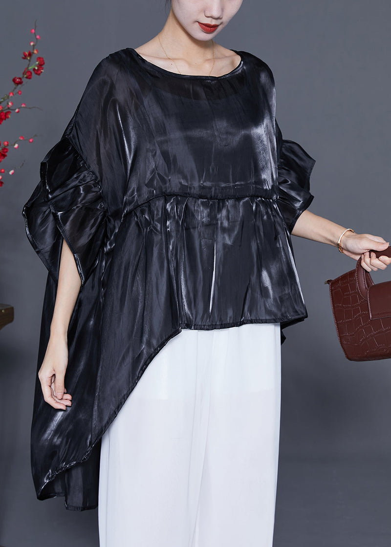 Black Oversized Patchwork Silk Shirt Top Summer