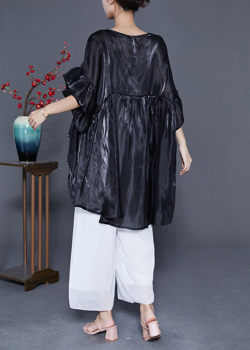 Black Oversized Patchwork Silk Shirt Top Summer