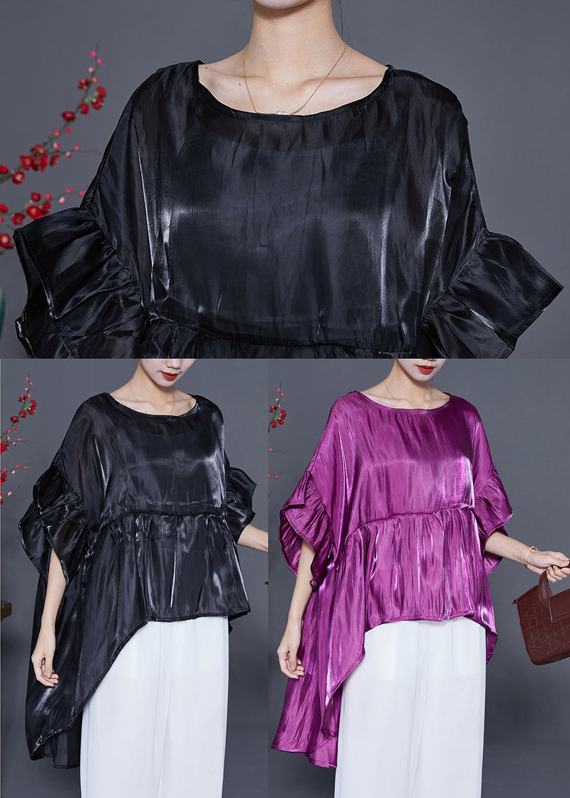 Black Oversized Patchwork Silk Shirt Top Summer