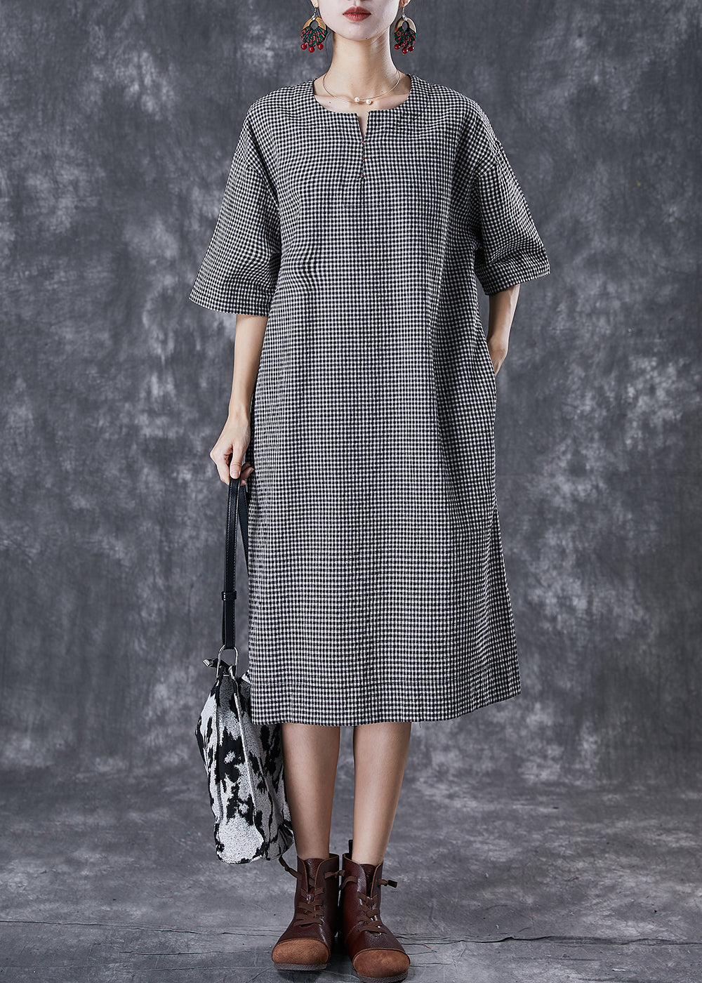 Black Oversized Plaid Cotton Maxi Dresses Summer
