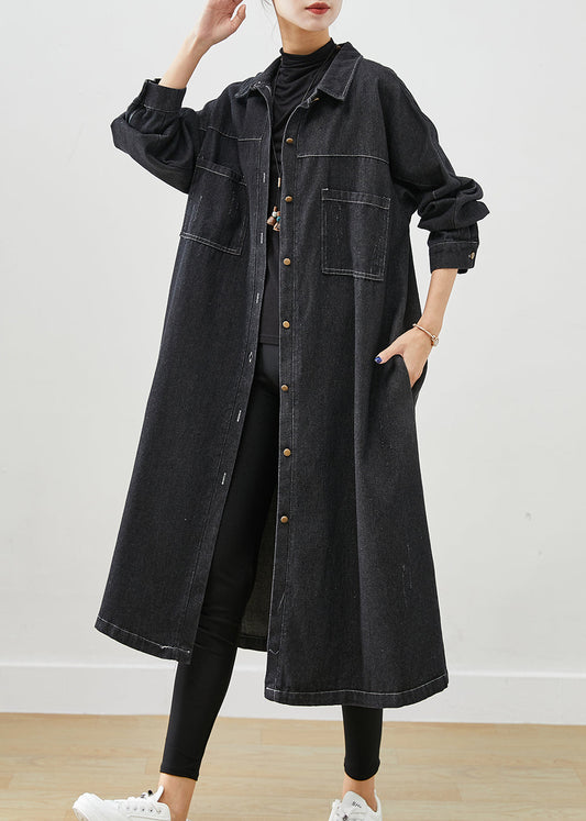 Black Oversized Pockets Cotton Coats Fall