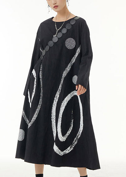Black Oversized Print Cotton Holiday Dresses Spring