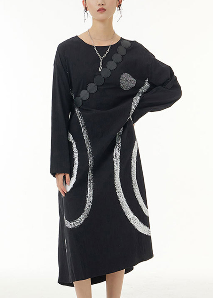Black Oversized Print Cotton Holiday Dresses Spring
