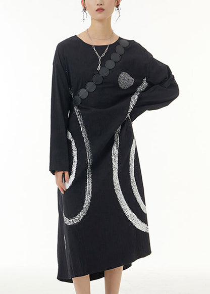 Black Oversized Print Cotton Holiday Dresses Spring