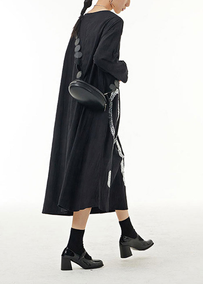 Black Oversized Print Cotton Holiday Dresses Spring
