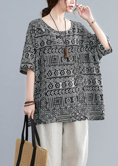 Black Oversized Print Linen Tanks Half Sleeve