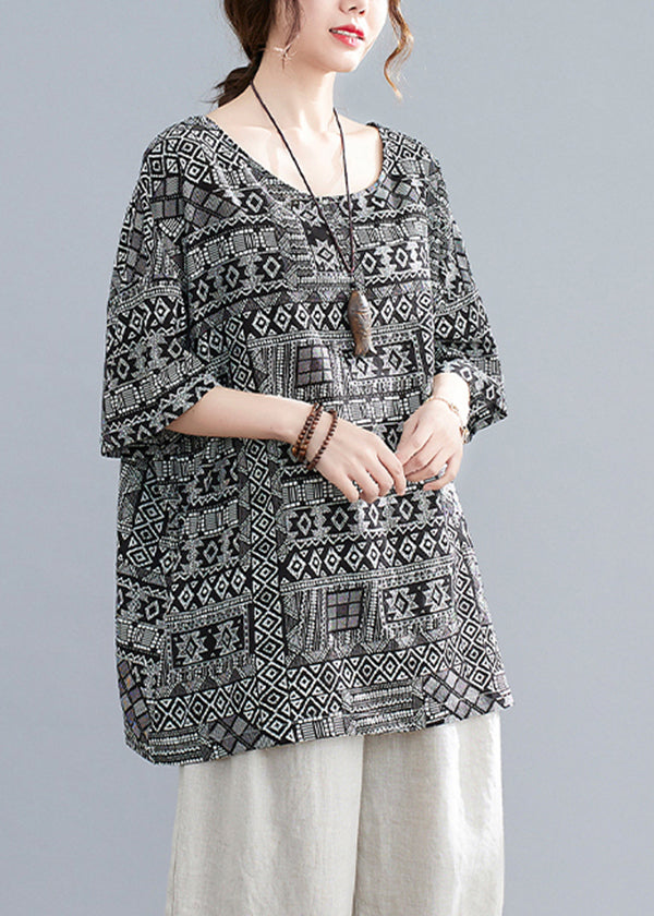Black Oversized Print Linen Tanks Half Sleeve