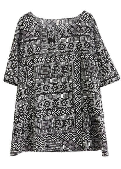 Black Oversized Print Linen Tanks Half Sleeve