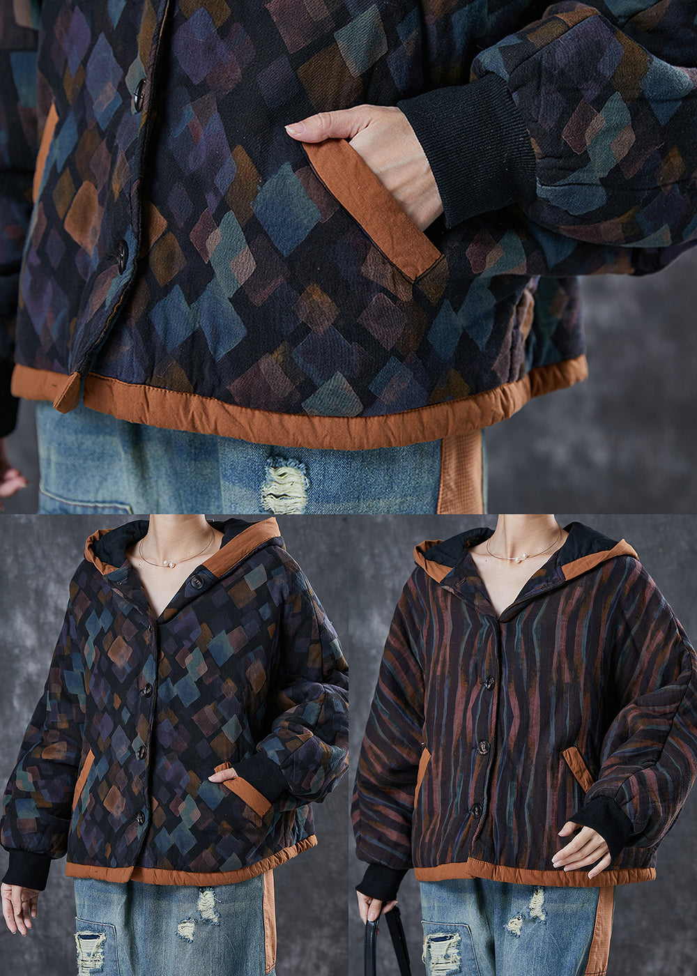 Black Oversized Striped Fine Cotton Filled Jacket Spring
