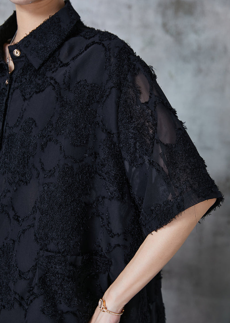 Black Oversized Tasseled Chiffon Top Summer