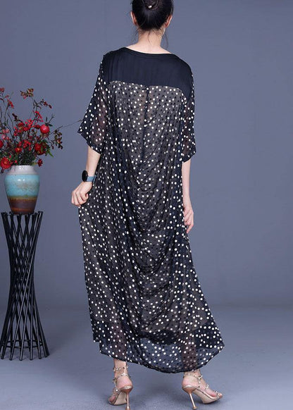 Black Patchwork Dot Summer Silk Sundress Half Sleeve