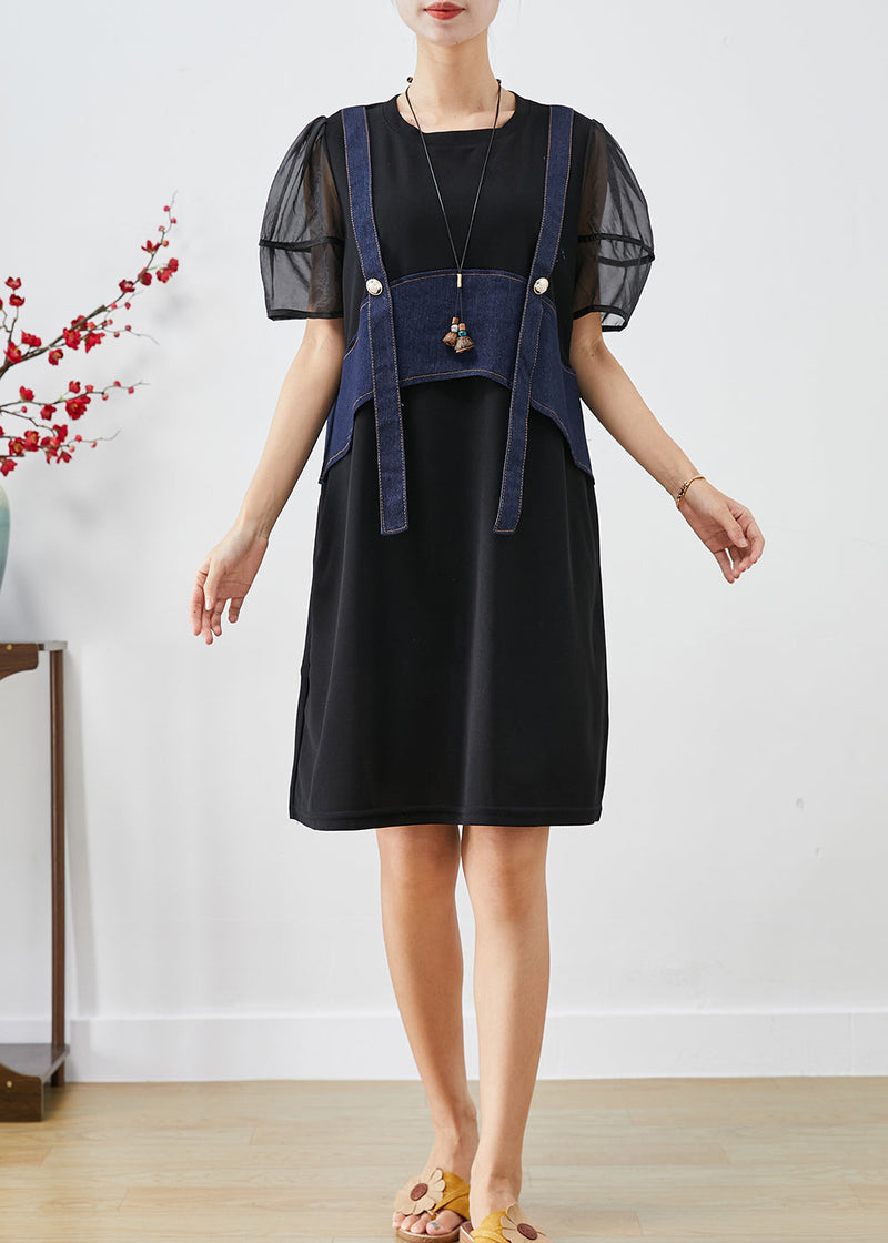 Black Patchwork Fake Two Piece Cotton Holiday Dress Puff Sleeve