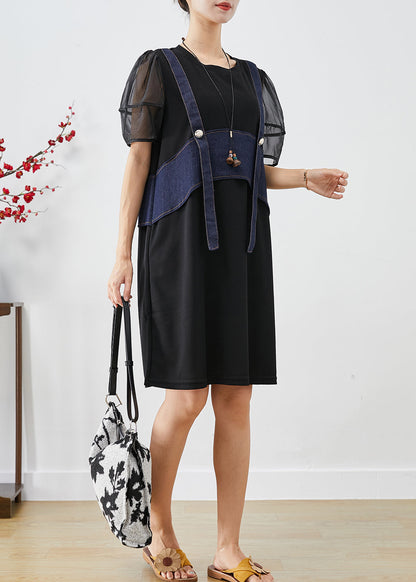 Black Patchwork Fake Two Piece Cotton Holiday Dress Puff Sleeve