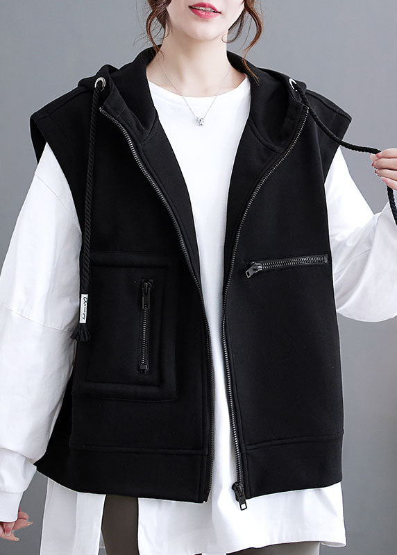 Black Patchwork Pockets Hoodie Waistcoat Fall