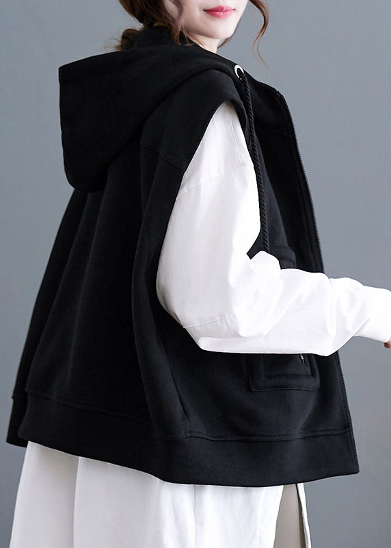 Black Patchwork Pockets Hoodie Waistcoat Fall