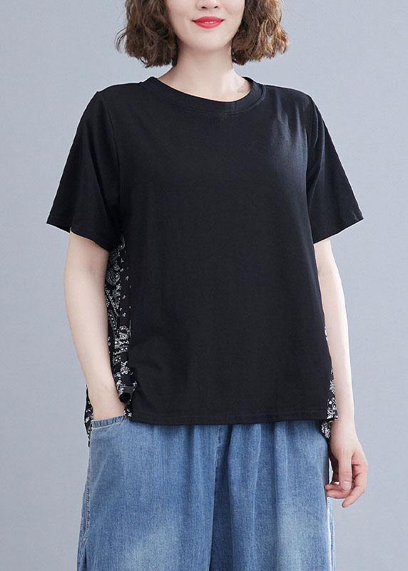 Black Patchwork Print O-neck Cotton Tops Summer