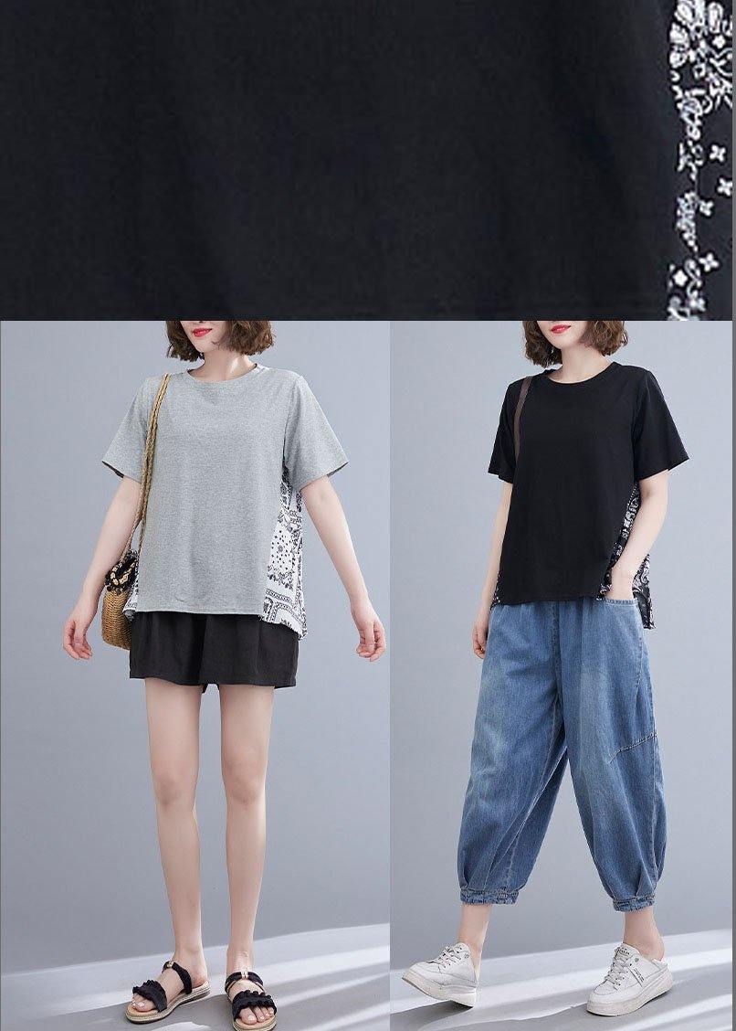 Black Patchwork Print O-neck Cotton Tops Summer
