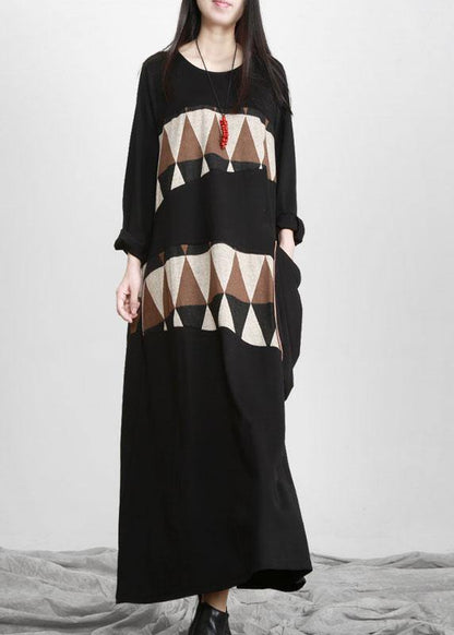 Black Patchwork Print Pockets Asymmetrical Design Maxi Dress Fall