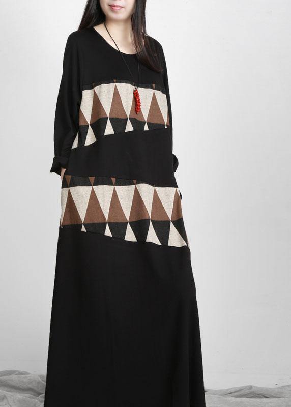 Black Patchwork Print Pockets Asymmetrical Design Maxi Dress Fall