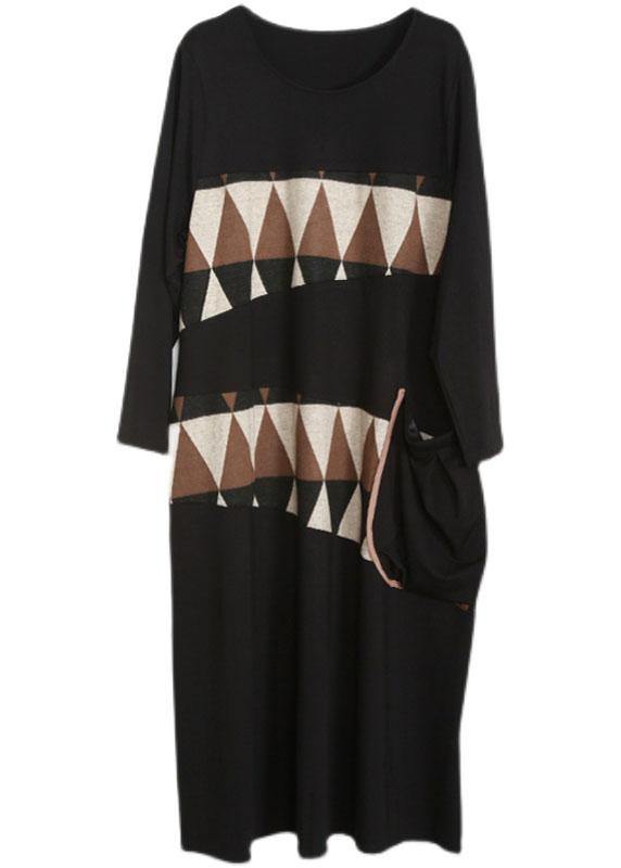 Black Patchwork Print Pockets Asymmetrical Design Maxi Dress Fall
