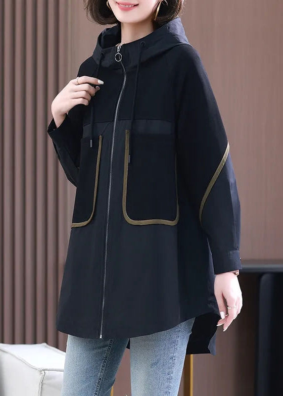 Black Patchwork Zippered Pockets Hooded Coats Long Sleeve