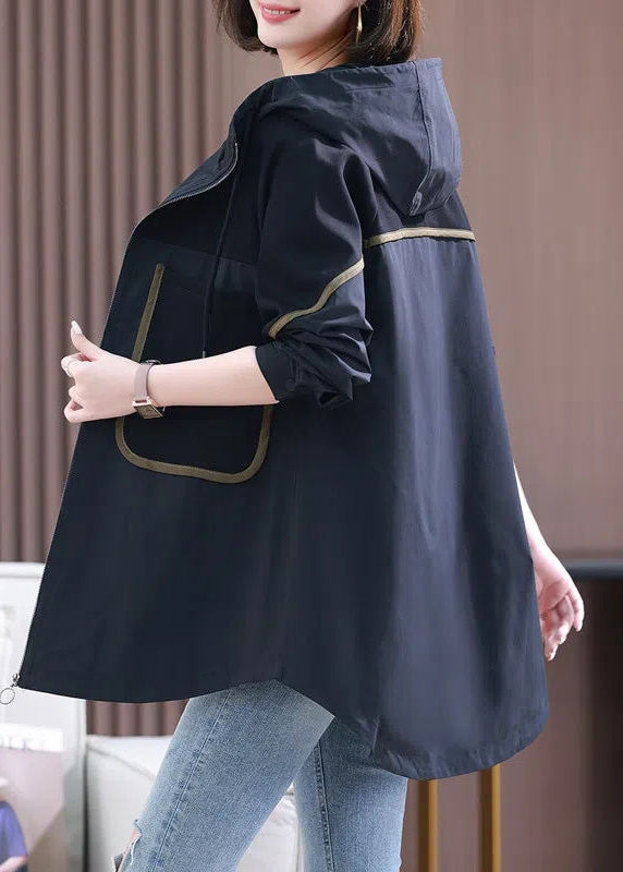 Black Patchwork Zippered Pockets Hooded Coats Long Sleeve