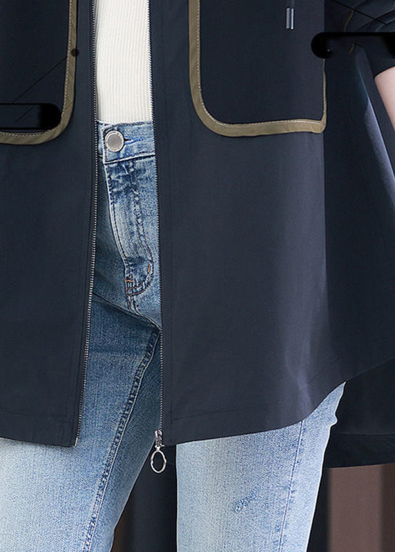 Black Patchwork Zippered Pockets Hooded Coats Long Sleeve