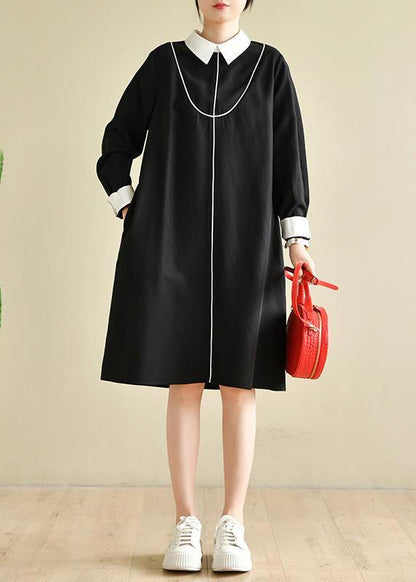 Black Peter Pan Collar Button Spring Long Dresses