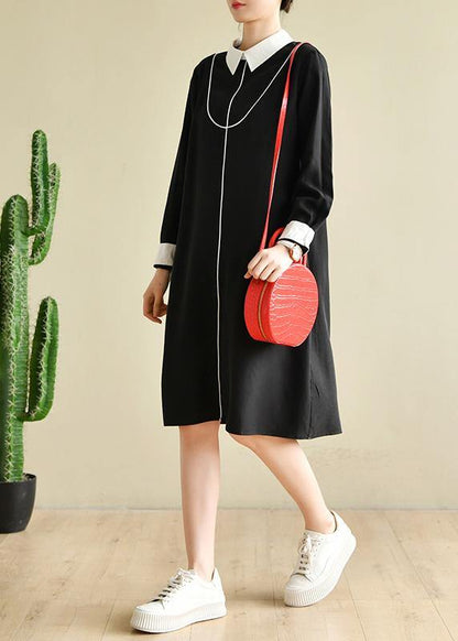 Black Peter Pan Collar Button Spring Long Dresses