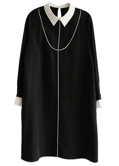 Black Peter Pan Collar Button Spring Long Dresses