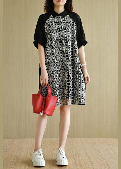 Black Peter Pan Collar Button Patchwork Summer Cotton Dresses Half Sleeve