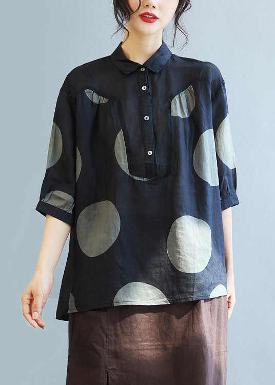 Black Peter Pan Collar Dot Linen Shirt Tops Half Sleeve