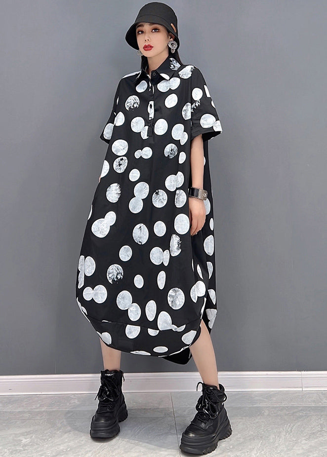 Black Peter Pan Collar Dot Print Vogue Shirt Dress Short Sleeve
