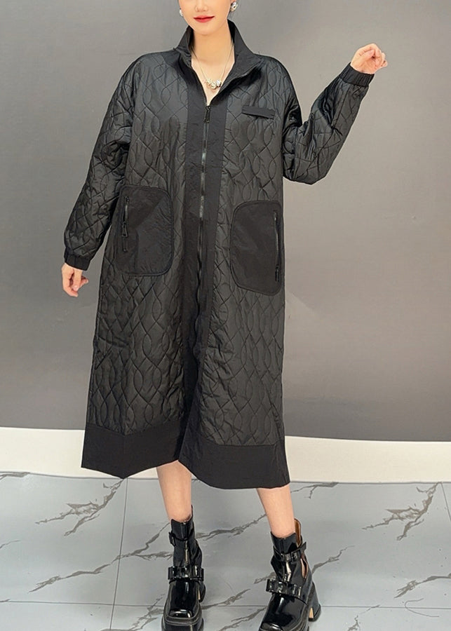 Black Peter Pan Collar Embroidered Plaid Pockets Long Parka Winter