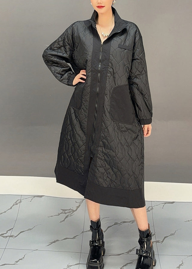 Black Peter Pan Collar Embroidered Plaid Pockets Long Parka Winter