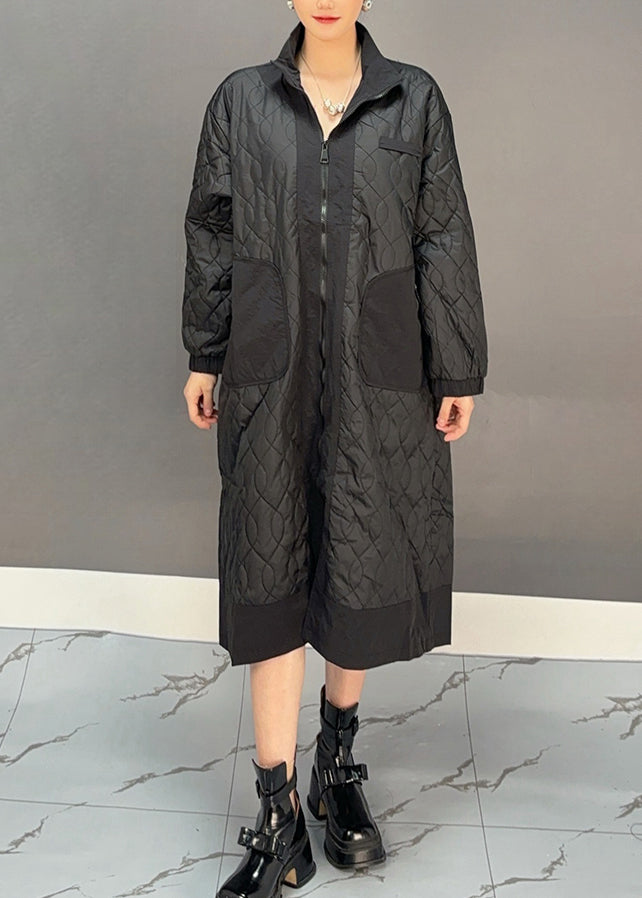 Black Peter Pan Collar Embroidered Plaid Pockets Long Parka Winter