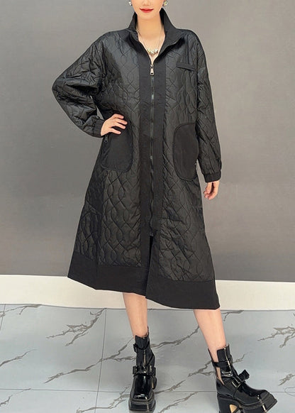 Black Peter Pan Collar Embroidered Plaid Pockets Long Parka Winter