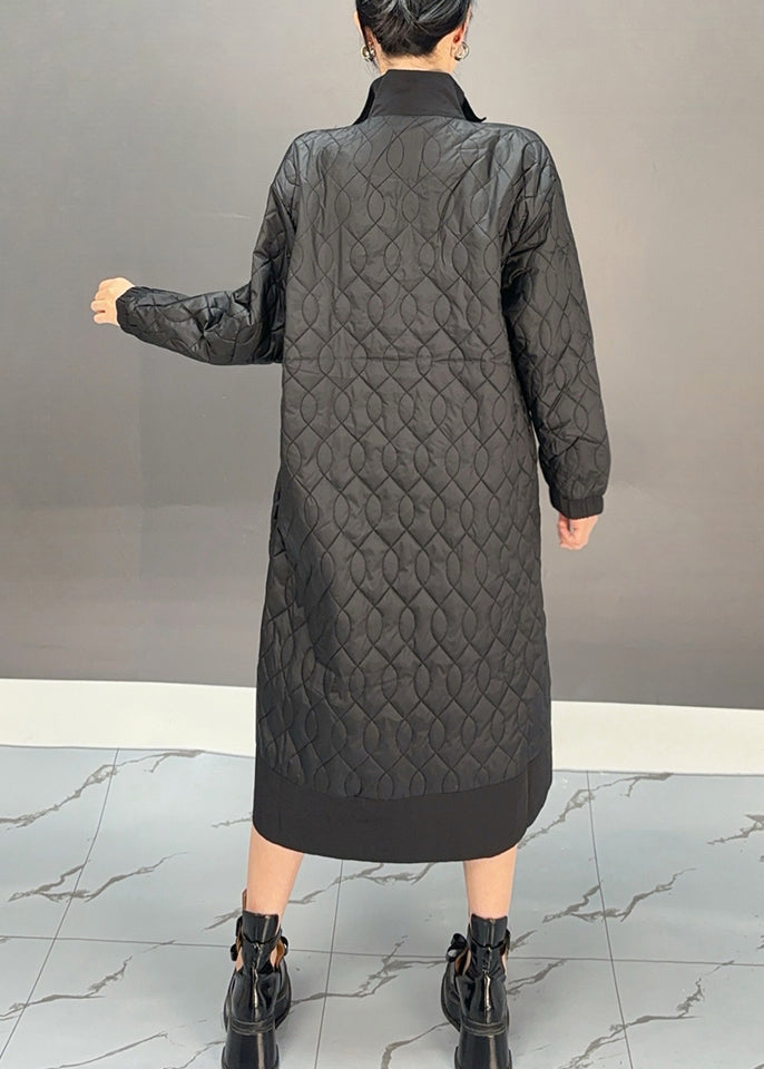 Black Peter Pan Collar Embroidered Plaid Pockets Long Parka Winter