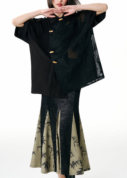 Black Peter Pan Collar Embroideried Patchwork Tulle Blouses Fall