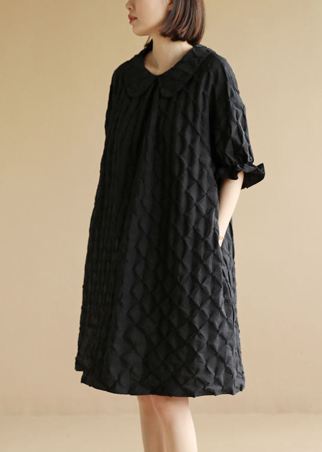 Black Peter Pan Collar Original Design Plaid Holiday Dress Short Sleeve