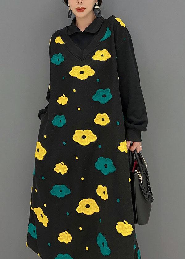 Black Peter Pan Collar Patchwork Print Cotton Fake Two Piece Dress Spring