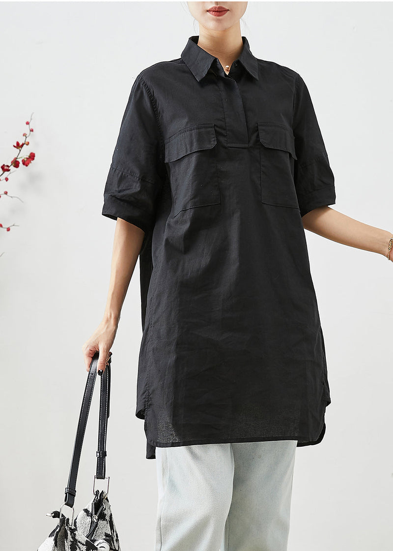 Black Peter Pan Collar Pockets Cotton Shirt Top Short Sleeve