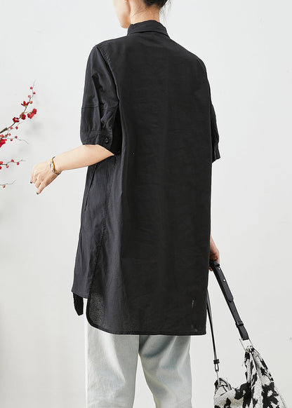 Black Peter Pan Collar Pockets Cotton Shirt Top Short Sleeve