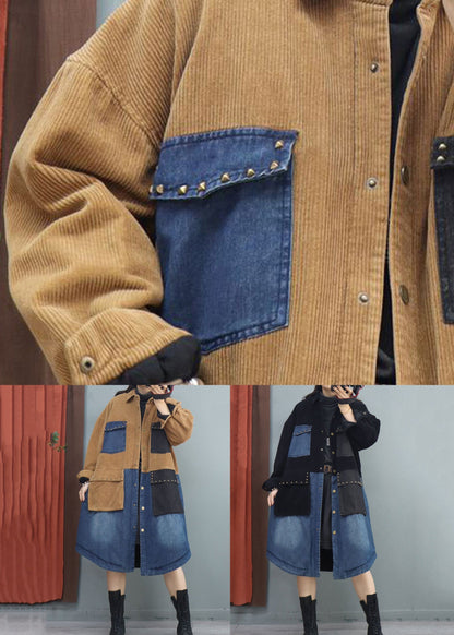 Black Peter Pan Collar Pockets Patchwork Coat Fall