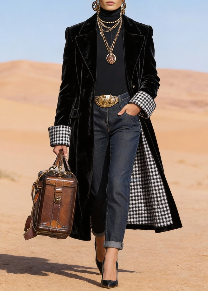 Black Peter Pan Collar Pockets Velvet Trench Spring