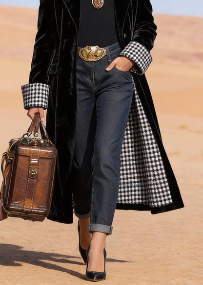Black Peter Pan Collar Pockets Velvet Trench Spring