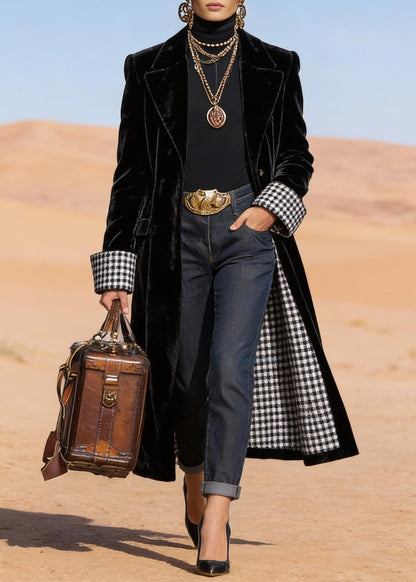 Black Peter Pan Collar Pockets Velvet Trench Spring