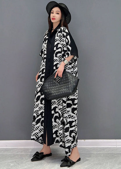 Black Peter Pan Collar Print Button Cotton Shirt Dress Short Sleeve